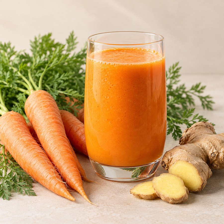 Morkų ir imbiero kokteilis ir jo ingredientai – iliustracinė nuotrauka