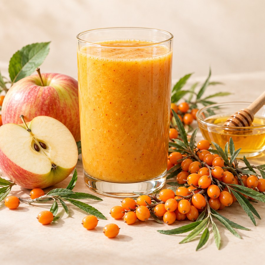 Obuolių ir šaltalankių kokteilis ir jo ingredientai – iliustracinė nuotrauka